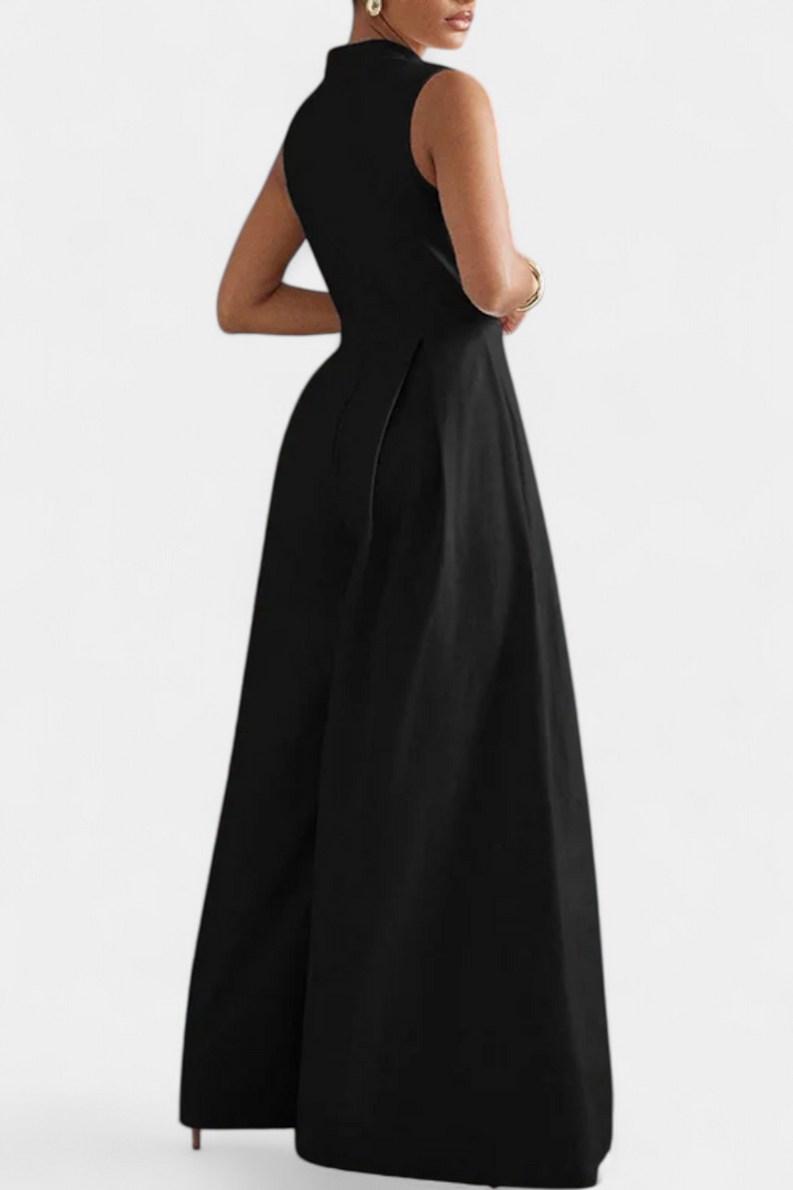 Wide Leg Jumpsuit - Sleeveless Pleated Round Neck for Women