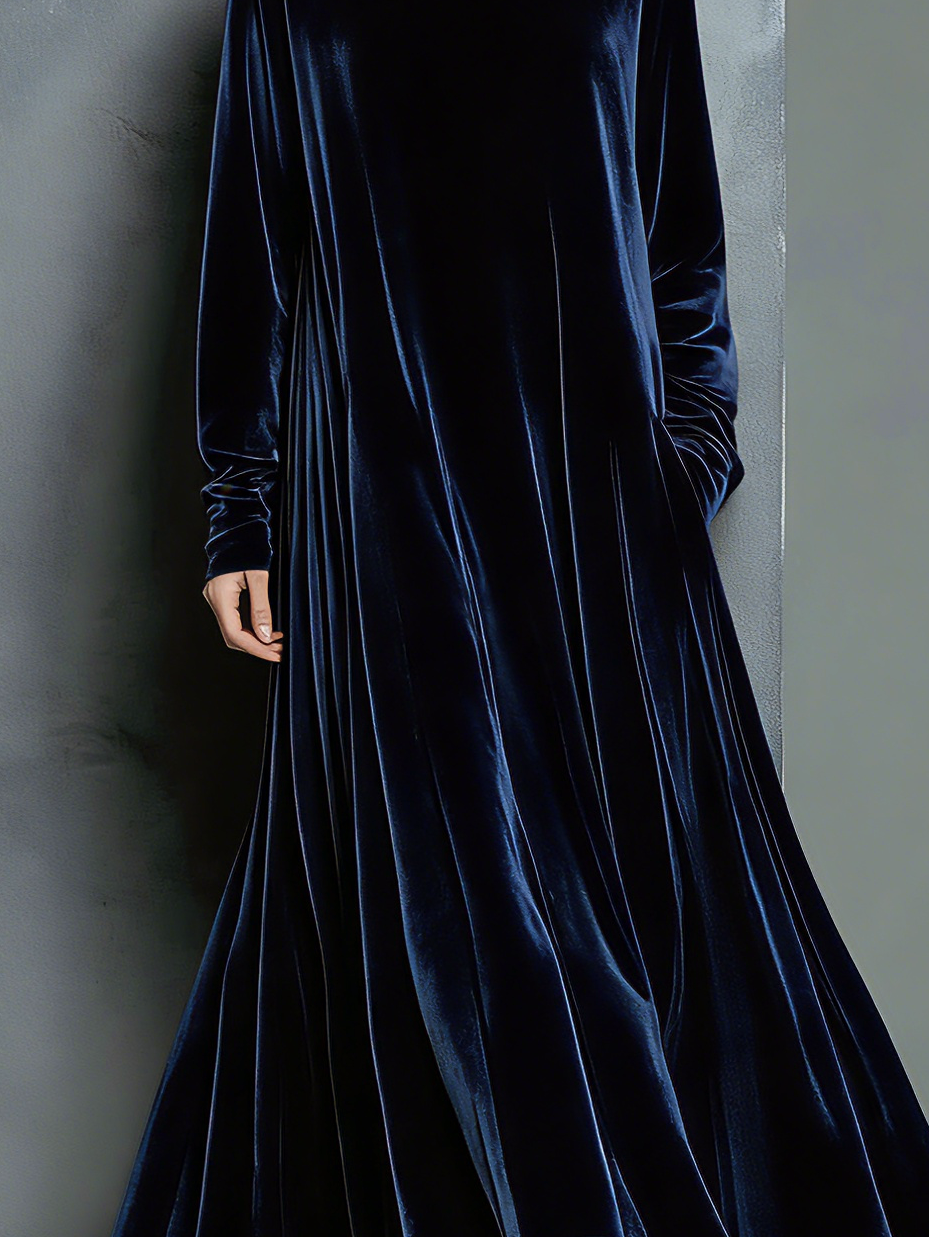 Navy Velvet Maxi Dress - Long Sleeve High Neck Elegant Evening Gown