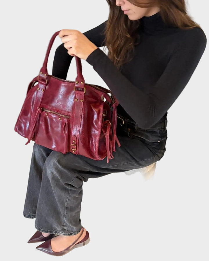 Cherry Red Leather Tote Bag - Italian Genuine Leather Laptop Work Bag