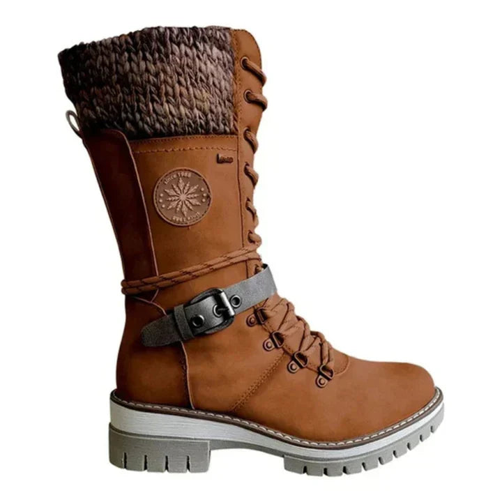 Mid Calf Winter Boots for Women with Knit Cuff and Lace Up Detail
