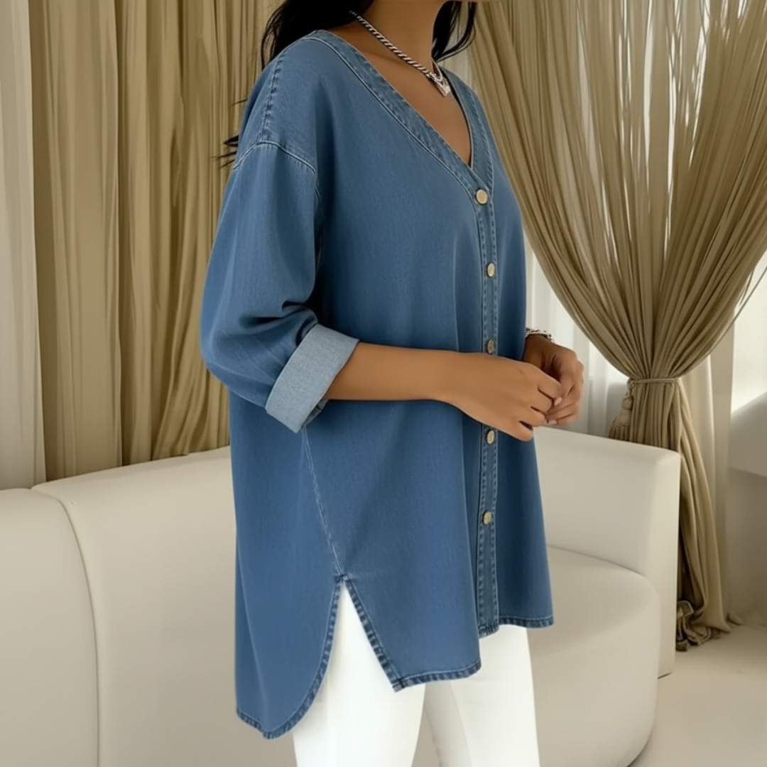 Denim Shirt Women V-Neck Relaxed Fit Button Front Top