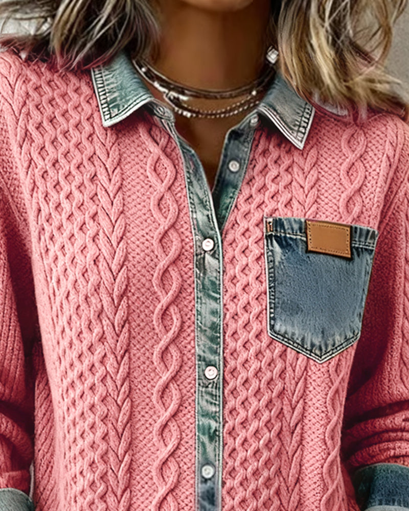Denim Patchwork Button Down Shirt - Long Sleeve Cotton Blend Top