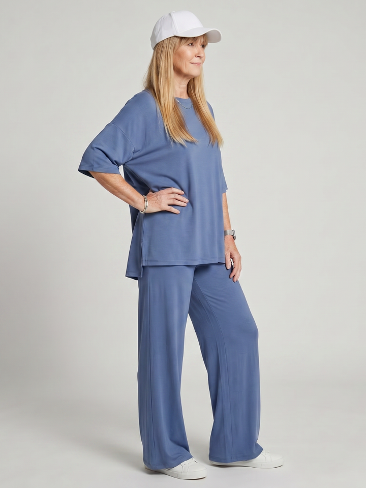 Oversized Two Piece Set - Short Sleeve Top and Wide Leg Pants