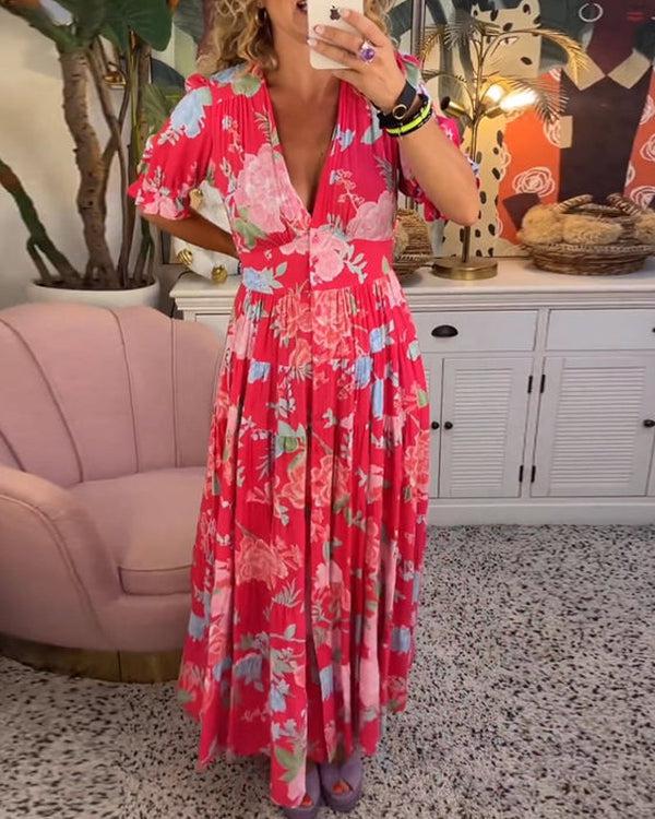 Floral Maxi Dress with V-Neck | Flowing Feminine Silhouette