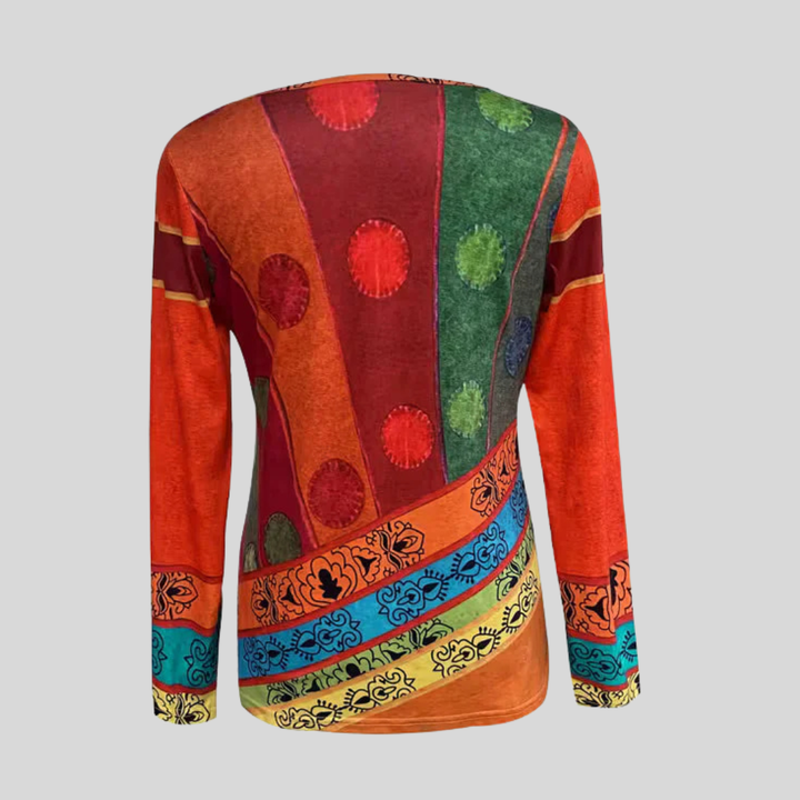Ethnic Print Blouse Long Sleeve V-Neck Top for Women