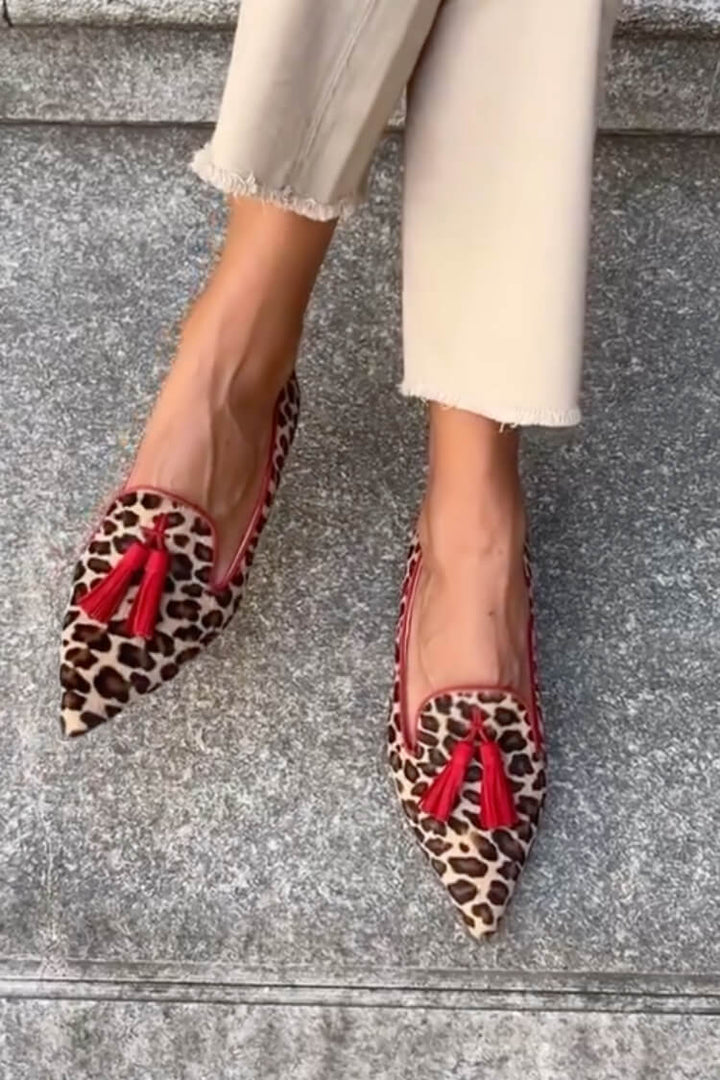 Leopard Print Pointed Toe Flats with Tassel Detail