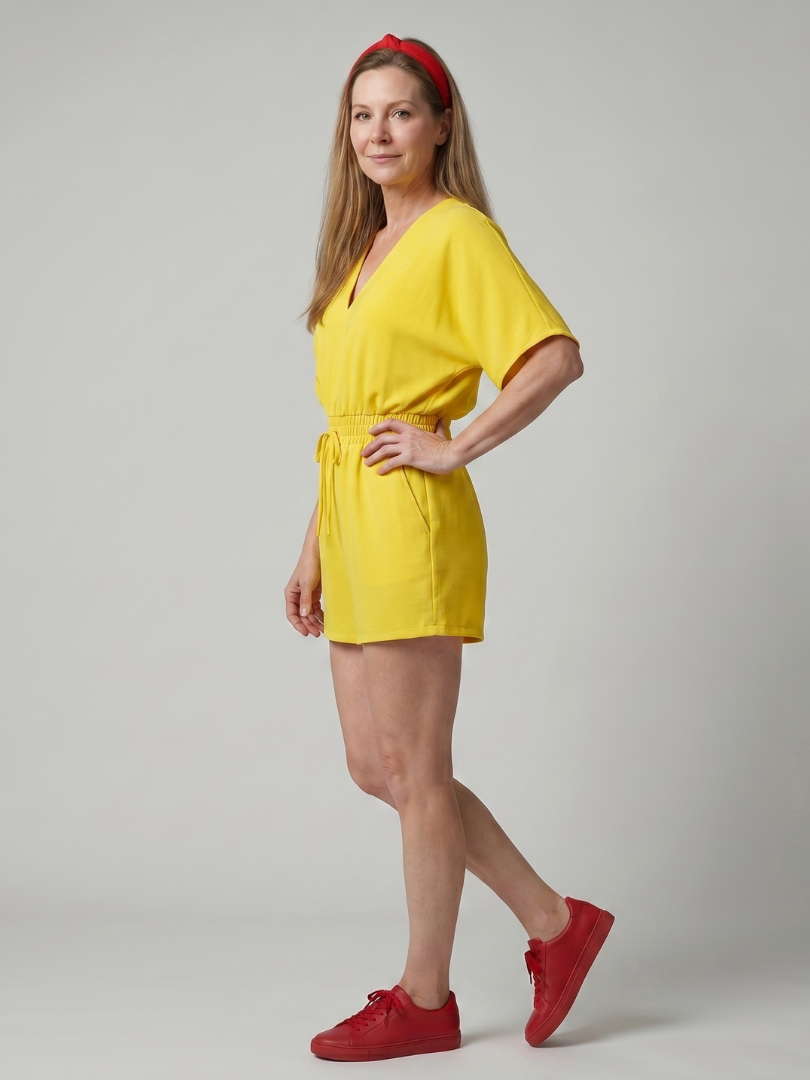 Cold Shoulder Romper with V Neck and Drawstring Waist