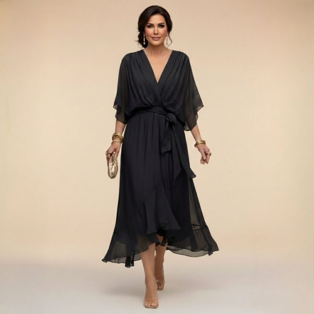 Chiffon V-Neck Dress for Women - Elegant Flowing Midi Dress