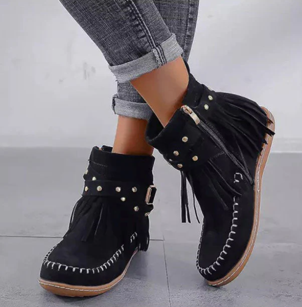 Tan Suede Fringe Ankle Booties for Women with Buckle Strap