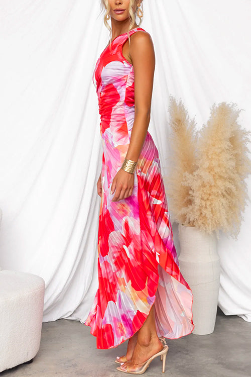 One Shoulder Summer Dress - Pleated Asymmetric Print Dress