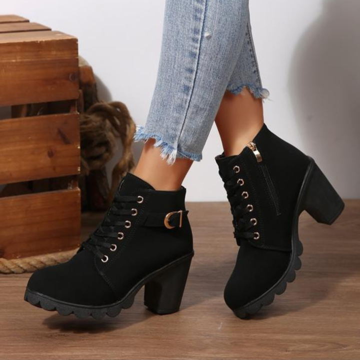 Lace Up Ankle Boots with Buckle Strap and Chunky Block Heel