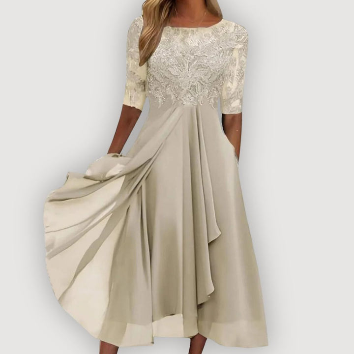 Chiffon Maxi Dress with Lace Bodice for Wedding Guest