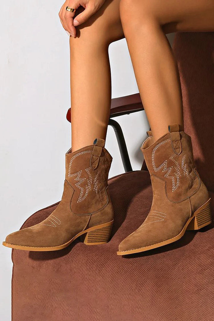 Western Ankle Boots for Women Brown Suede Pointed Toe