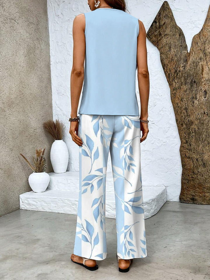 Two Piece Set Women Summer Outfit Sleeveless Top Wide Leg Pants