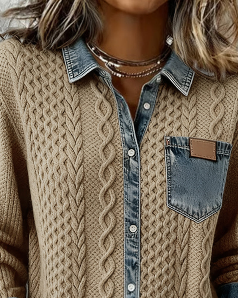 Denim Patchwork Button Down Shirt - Long Sleeve Cotton Blend Top