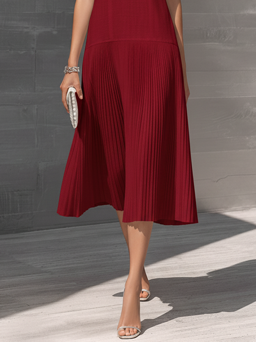 Burgundy Midi Dress with V-Neck and Pleated Skirt