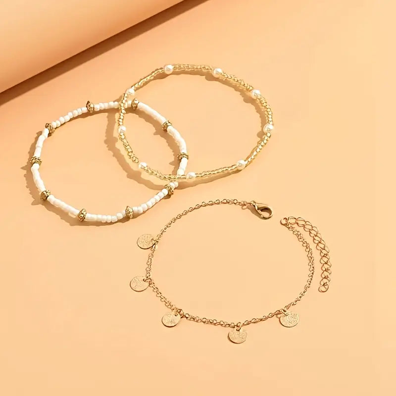 Gold Layered Anklet Set - 3 Piece Coastal Beach Ankle Bracelets