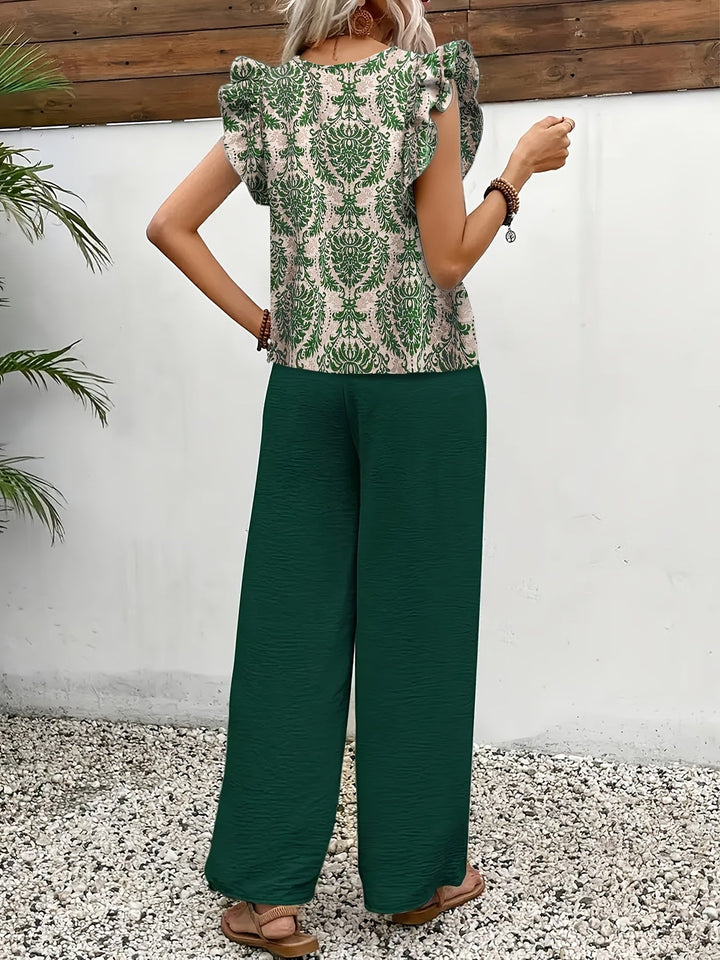 Paisley Two Piece Set for Women - V Neck Top & Wide Leg Pants