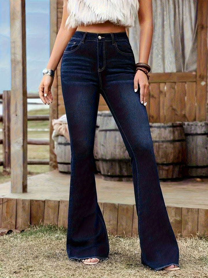 High Waisted Flare Jeans for Women Dark Blue Stretch Denim