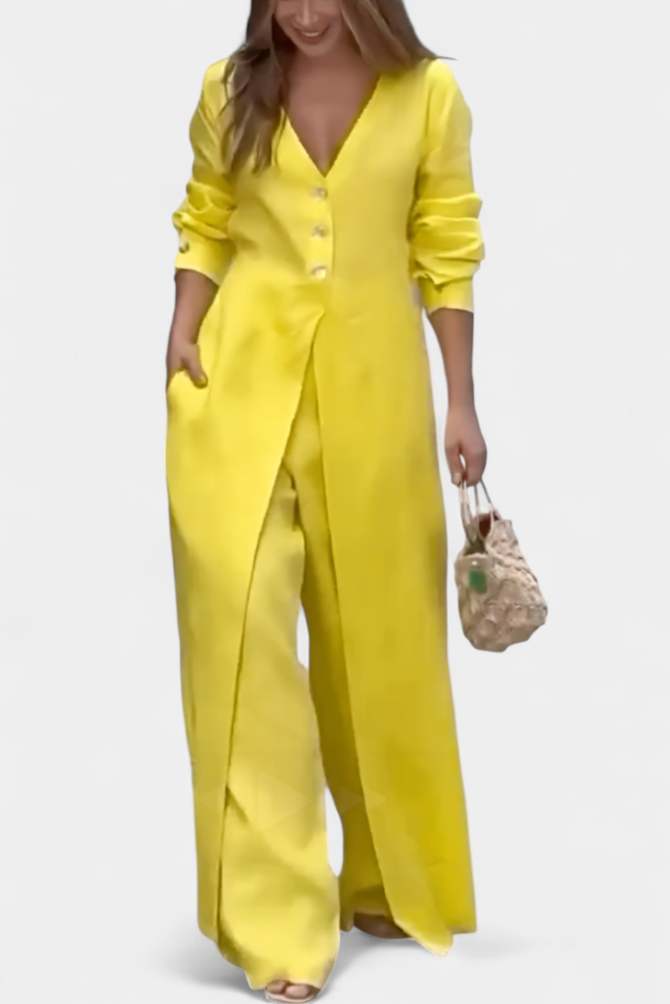 V-Neck Jumpsuit for Women with Wide Leg and Front Slit