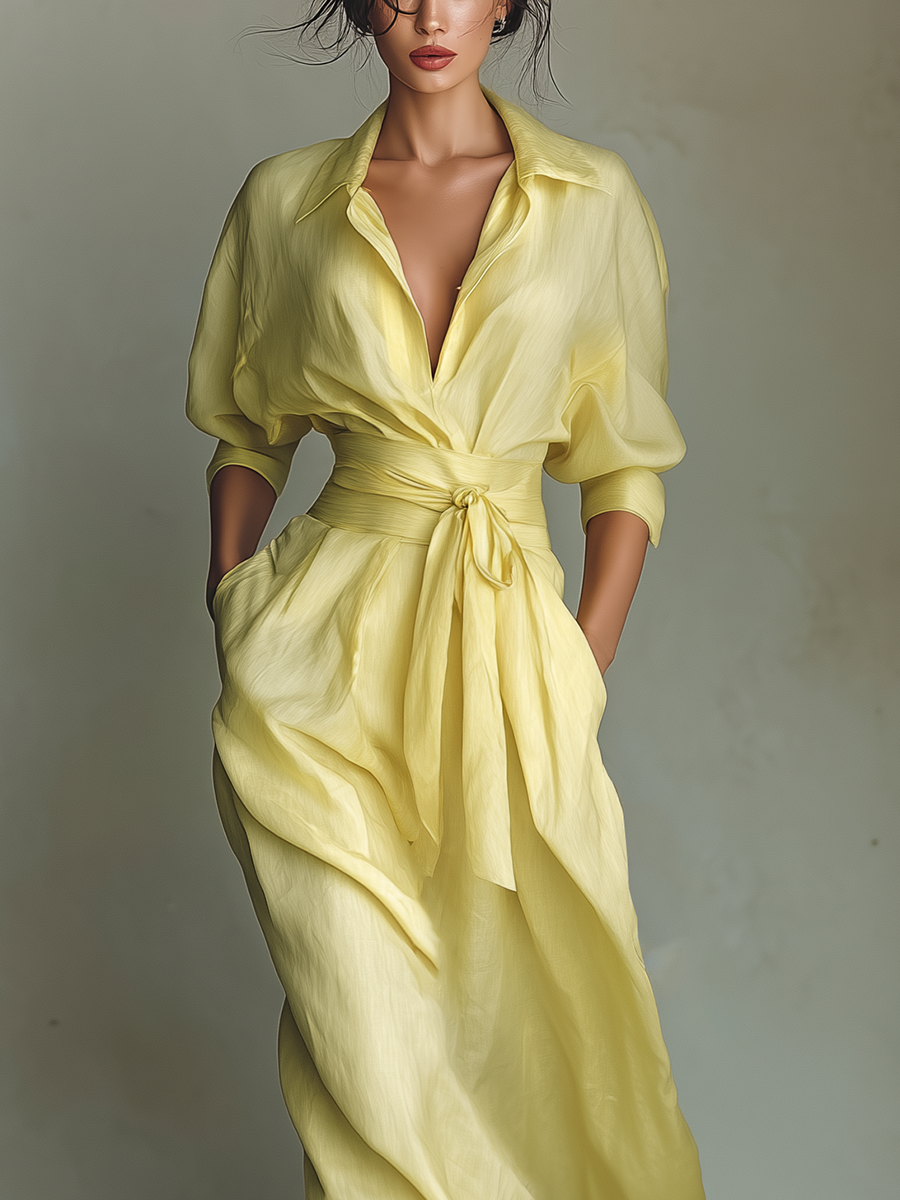 Maxi Shirt Dress in Lemon Yellow Linen Blend with Tie Waist