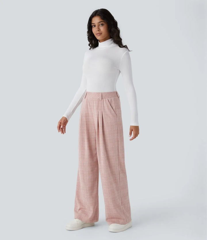 Wide Leg Plaid Pants - High Waisted Houndstooth Trousers