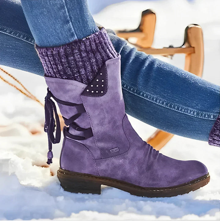 Mid-Calf Suede Winter Boots with Knit Cuff and Lace Up Detail