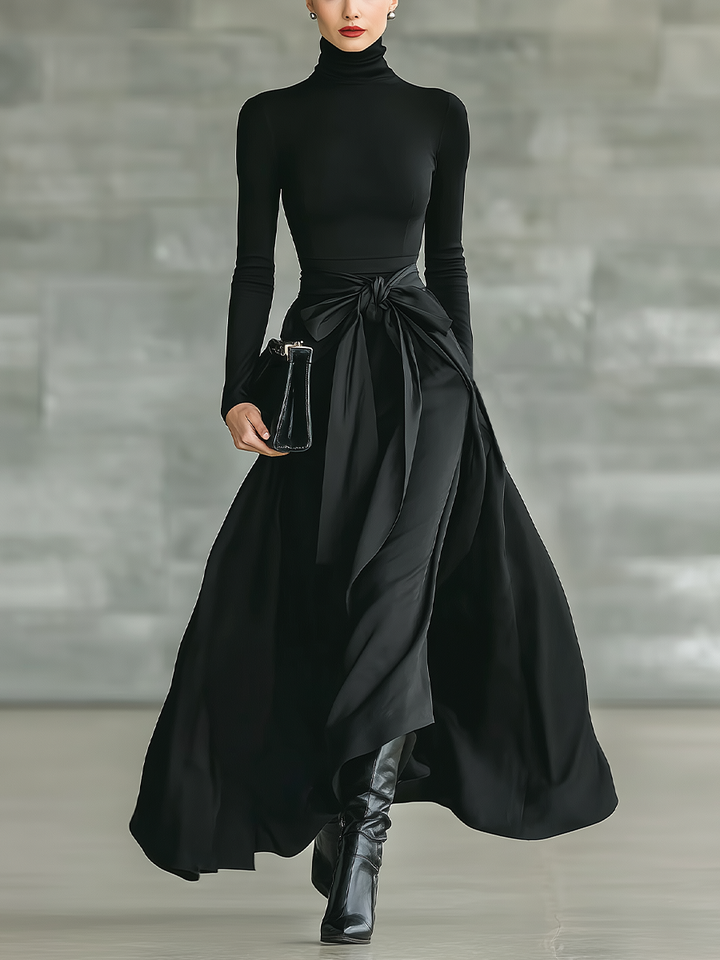 Black Maxi Dress with High Neck and Satin Flared Skirt