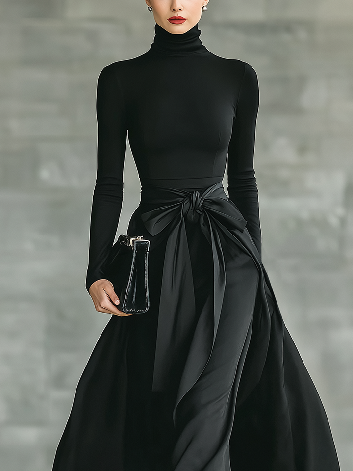 Black Maxi Dress with High Neck and Satin Flared Skirt