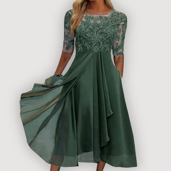 Chiffon Maxi Dress with Lace Bodice for Wedding Guest
