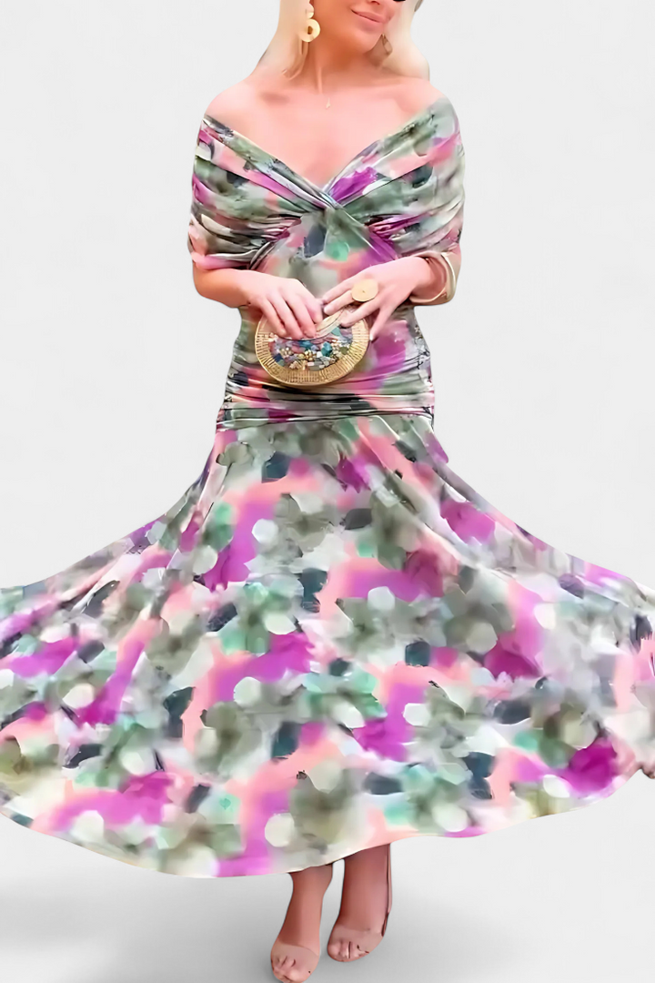 Floral V-Neck Maxi Dress with Pleated Waist - Long Sleeve