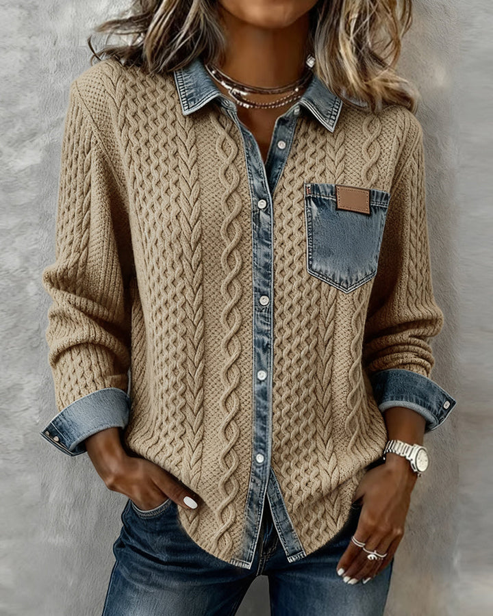 Denim Patchwork Button Down Shirt - Long Sleeve Cotton Blend Top