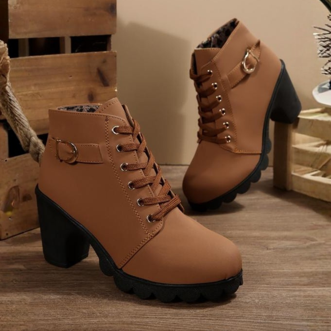Lace Up Ankle Boots with Buckle Strap and Chunky Block Heel