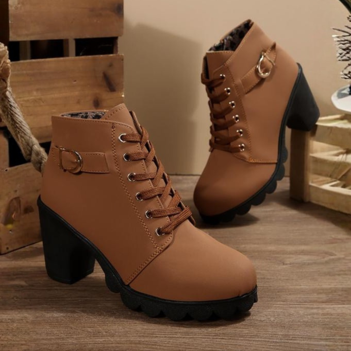 Lace Up Ankle Boots with Buckle Strap and Chunky Block Heel