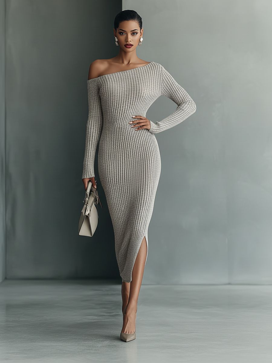One Shoulder Knit Dress for Women - Gray Bodycon Midi