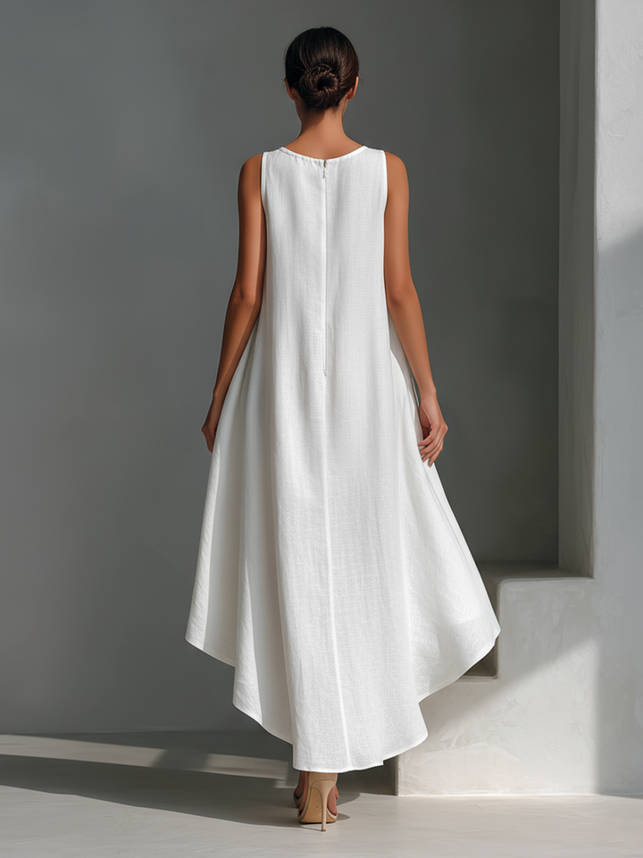 White Linen Midi Dress Sleeveless with Asymmetric Hem