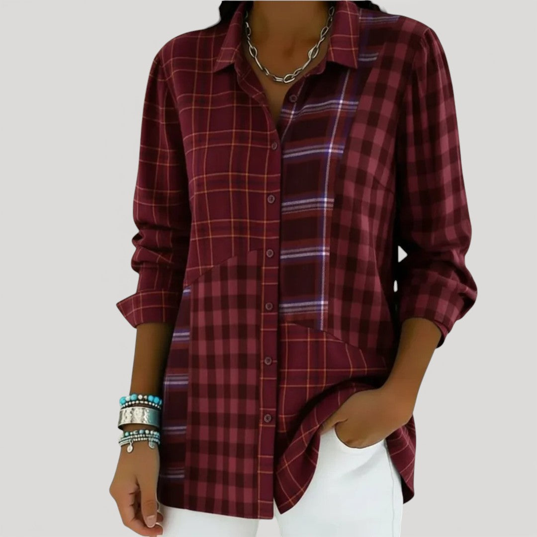 Patchwork Button Front Shirt for Women Classic Relaxed Fit