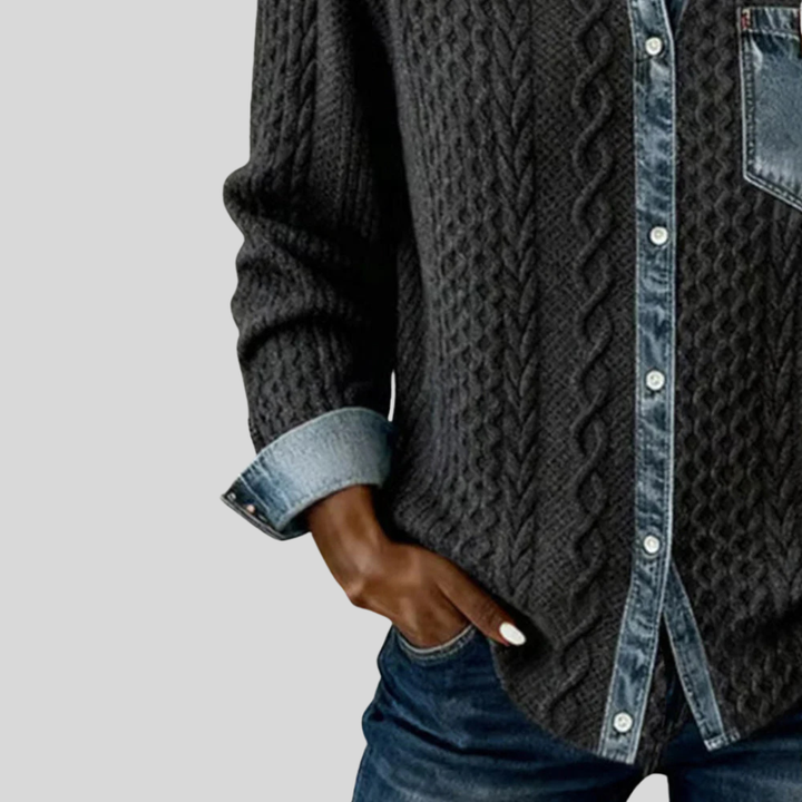 Denim Patchwork Shirt with Cable Knit Detail for Women