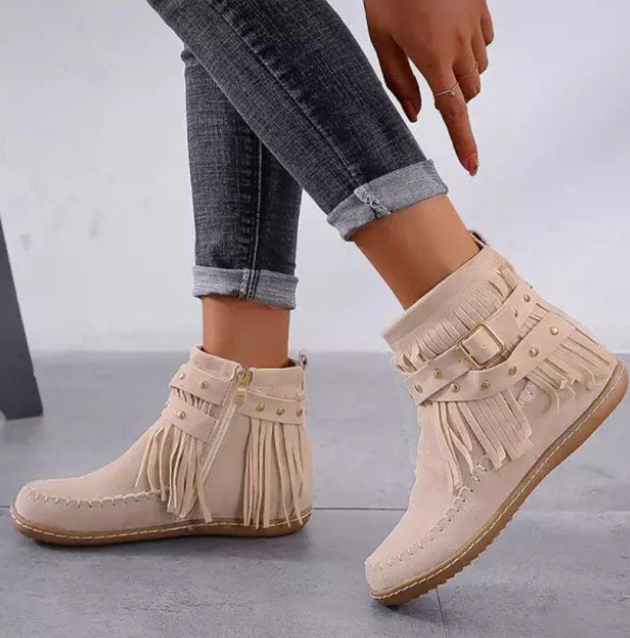 Tan Suede Fringe Ankle Booties for Women with Buckle Strap