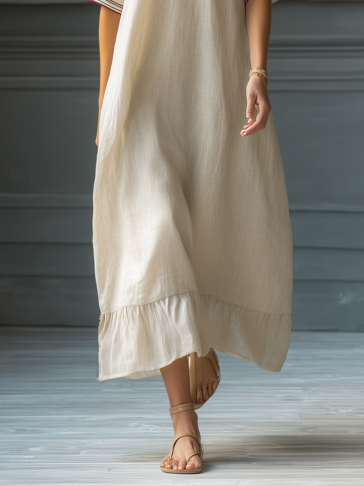 Linen Maxi Dress for Women with V-Neck and Ruffle Hem