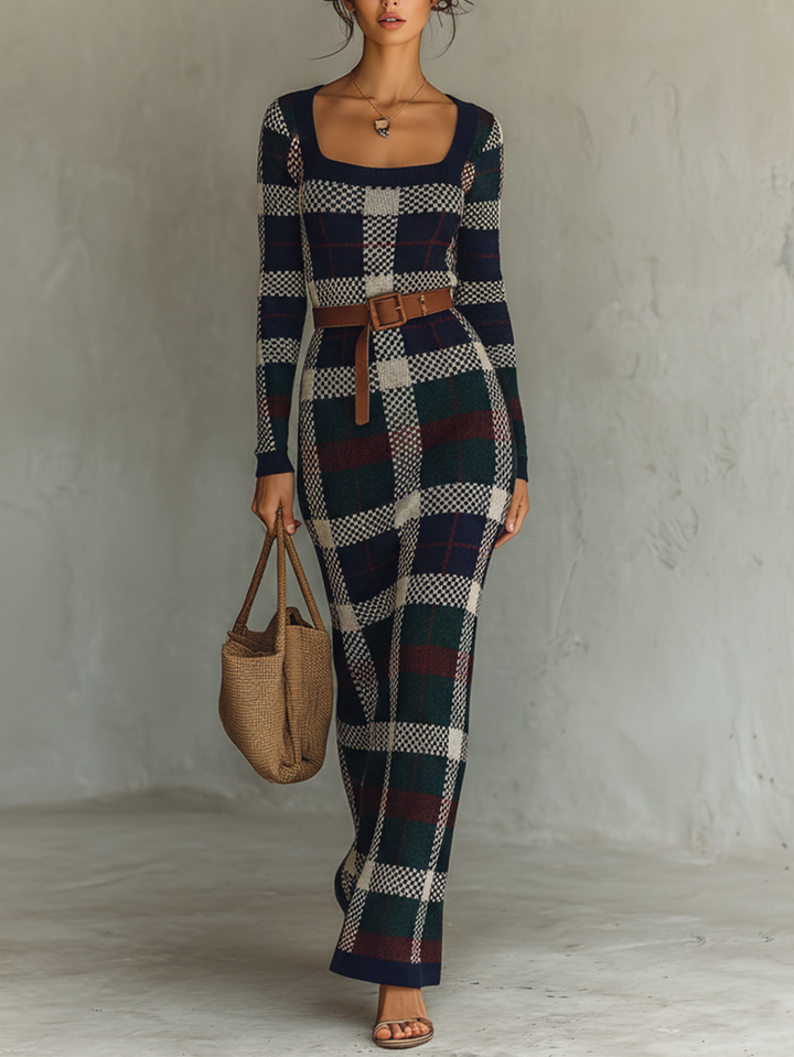 Square Neck Belted Maxi Dress with Long Sleeves
