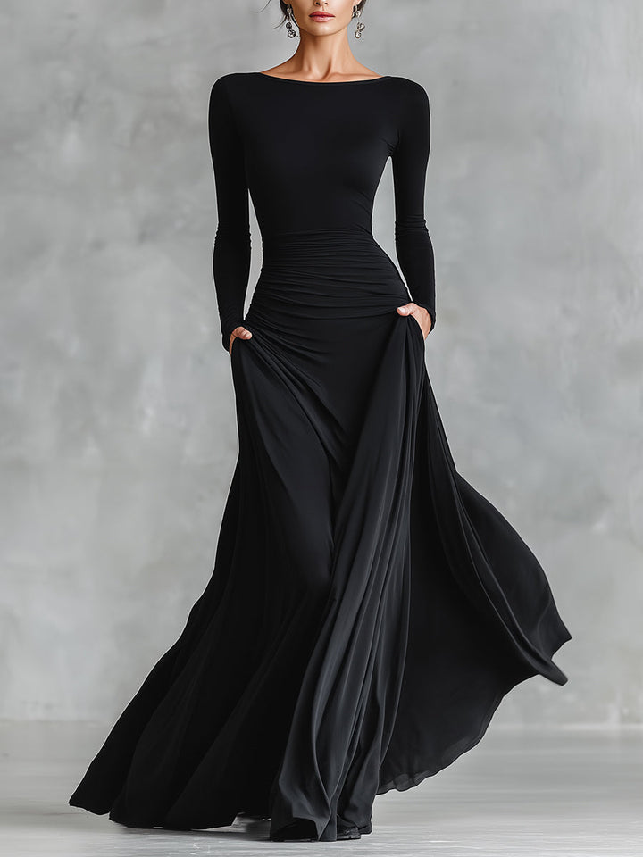 Black Maxi Dress with Ruched Bodice and Boat Neck