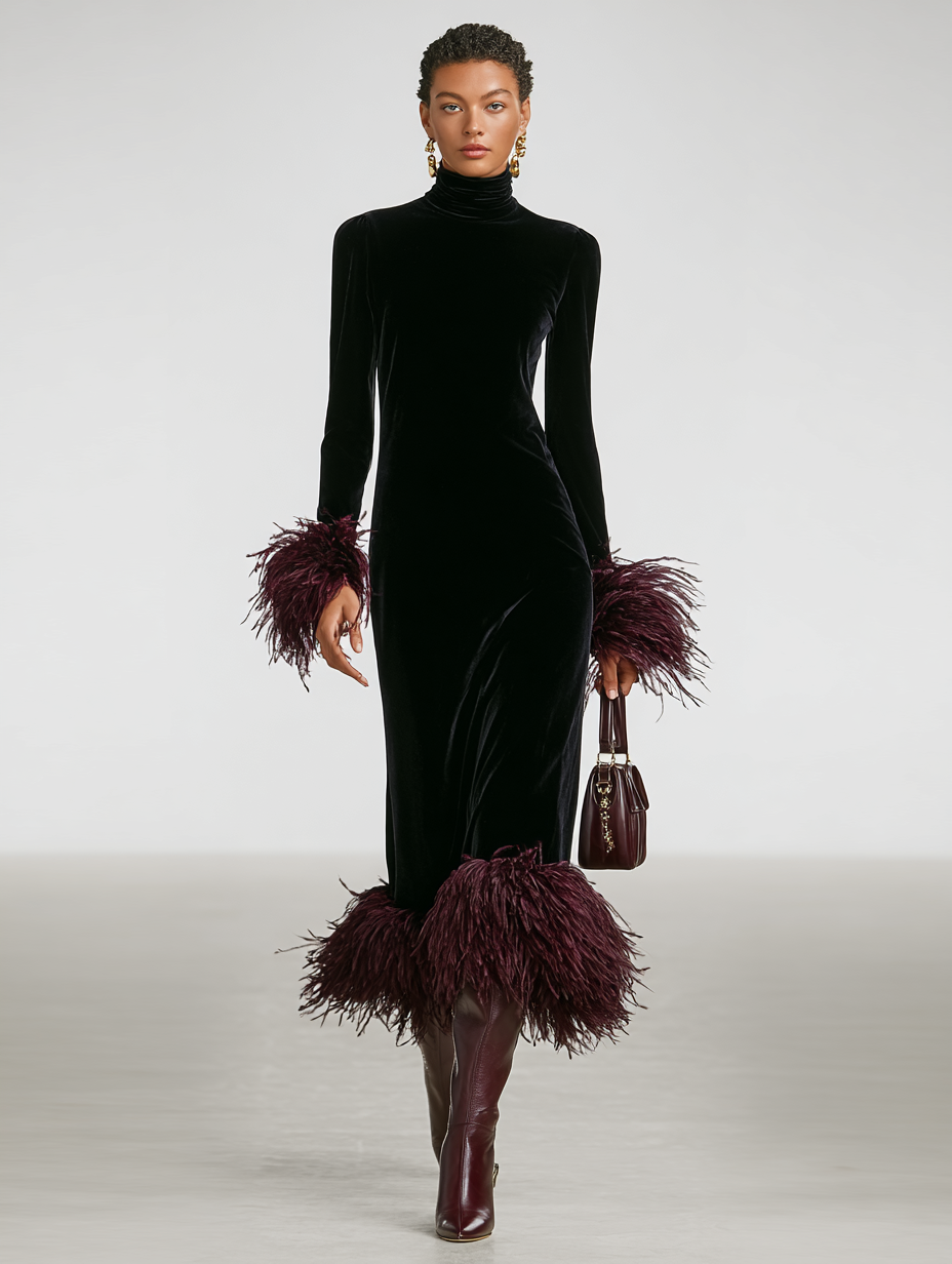 Velvet Maxi Dress with Feather Trim - Evening Formal Gown