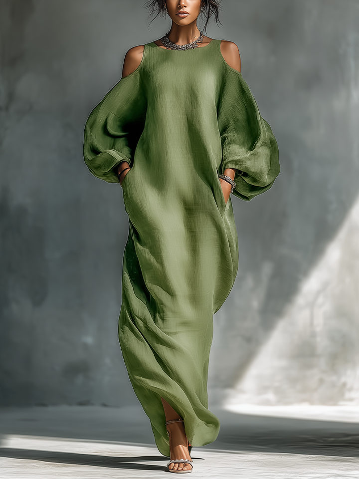 Cold Shoulder Maxi Dress with Puff Sleeves and Pockets