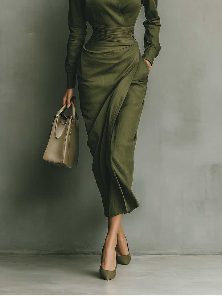 Army Green Maxi Dress for Women - Long Sleeve Cotton Blend