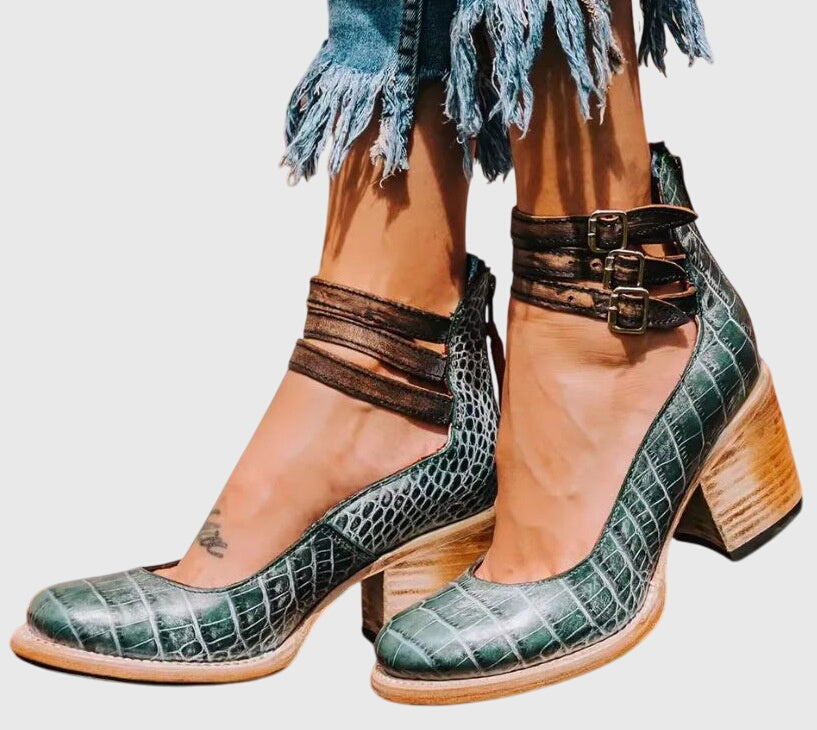 Women's Cutout Ankle Boots with Buckle Straps and Block Heel