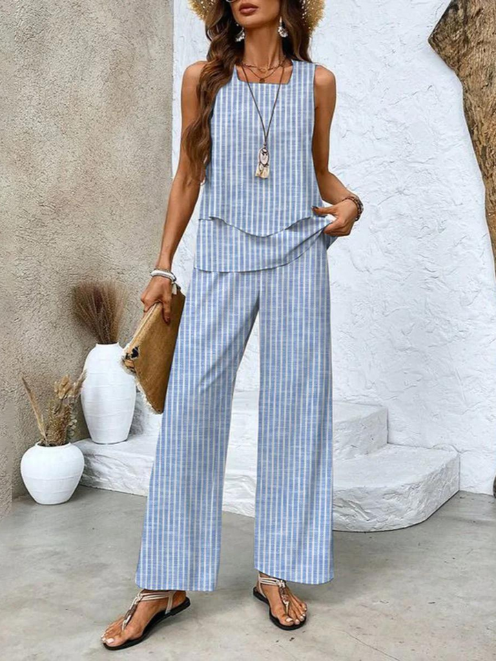 Two Piece Summer Set for Women - Elegant Sleeveless Top and Wide Leg Pants
