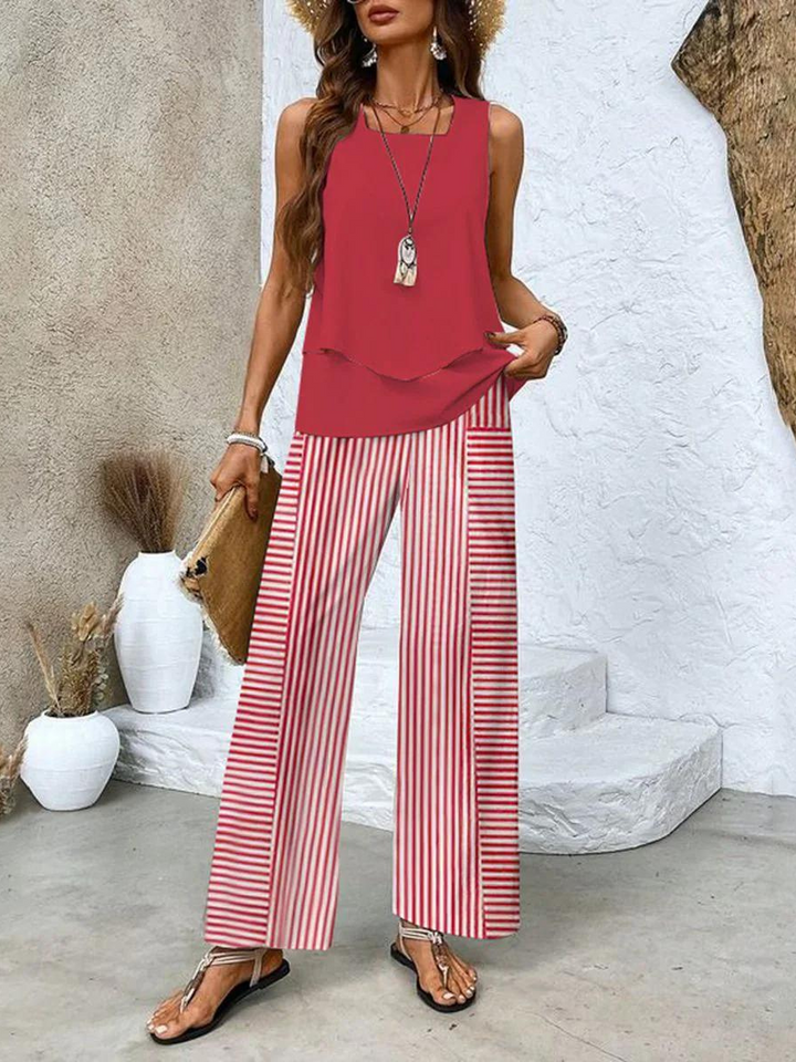 Two Piece Summer Set for Women - Elegant Sleeveless Top and Wide Leg Pants