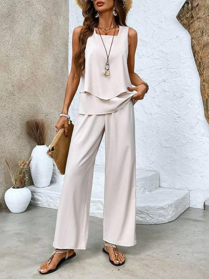 Two Piece Set Women Summer Outfit Sleeveless Top Wide Leg Pants