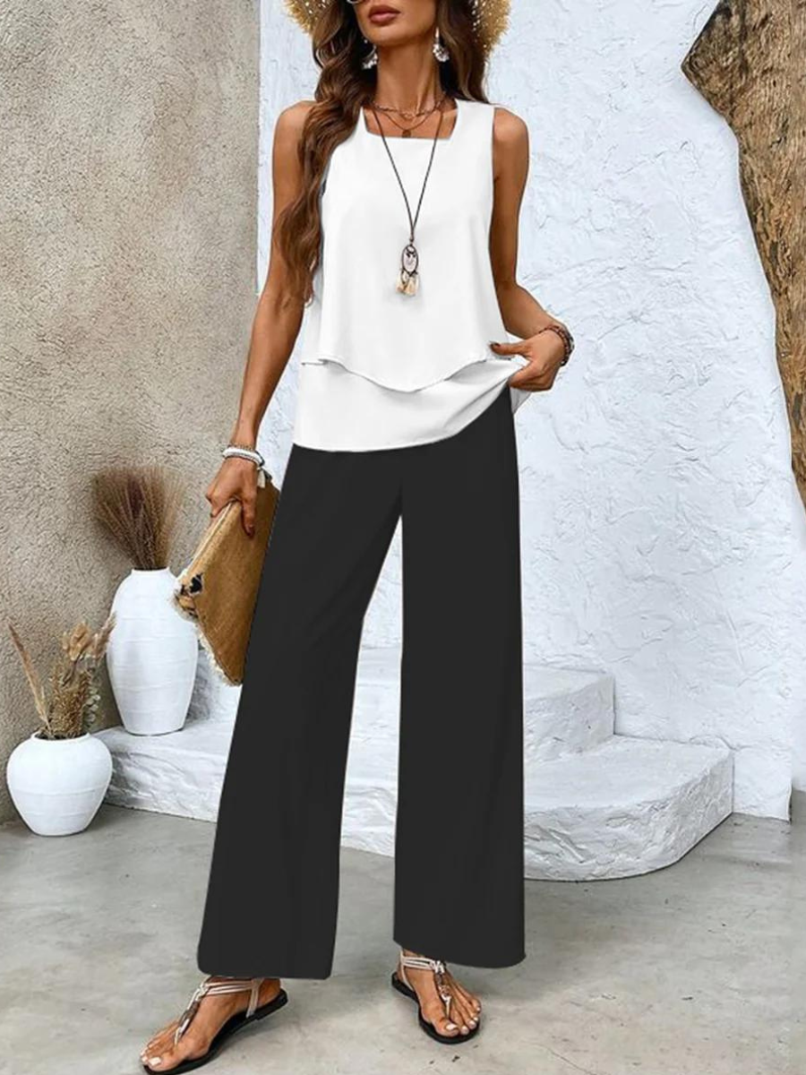 Two Piece Summer Set for Women - Elegant Sleeveless Top and Wide Leg Pants